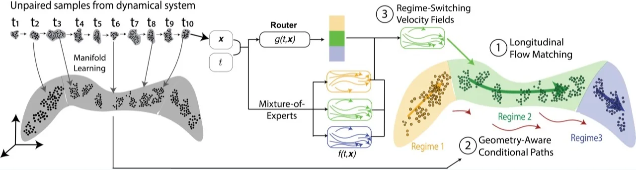 FLUX overview: unpaired snapshots from a dynamical system, a router over mixture-of-experts velocity fields, and three regimes discovered on a learned manifold.